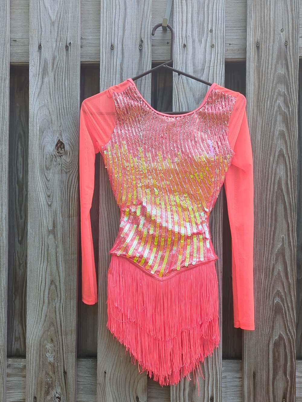 Weissman Neon Coral Sequin Fringe Long-Sleeve Performance Bodysuit
